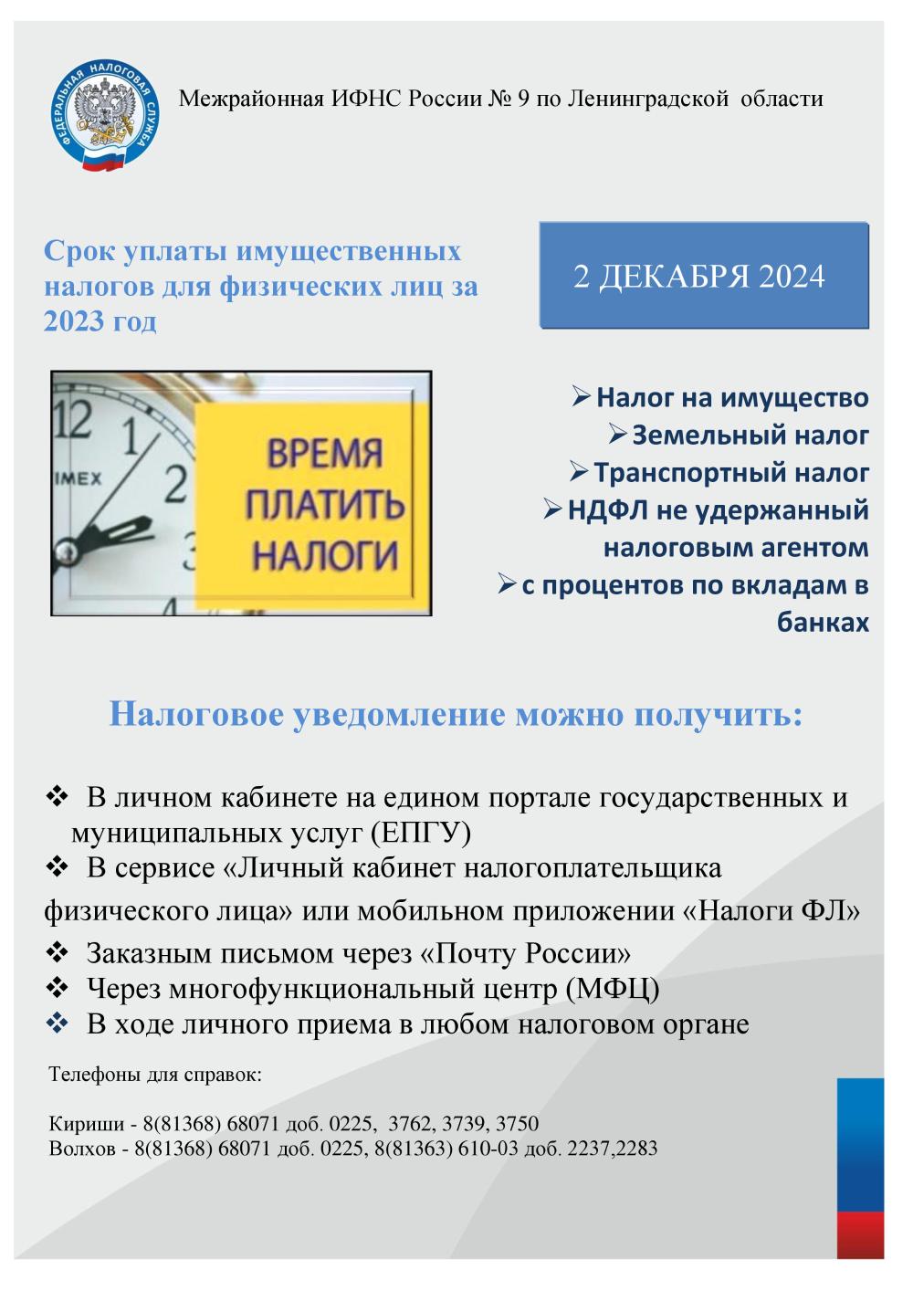 Срок уплаты имущественных налогов для физических лиц за 2023 год